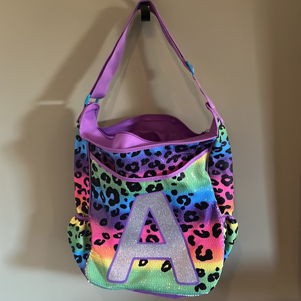 Like NEW Justice Initial "A" Cheetah Zebra Pattern Messenger Bag. Pastel Colors.